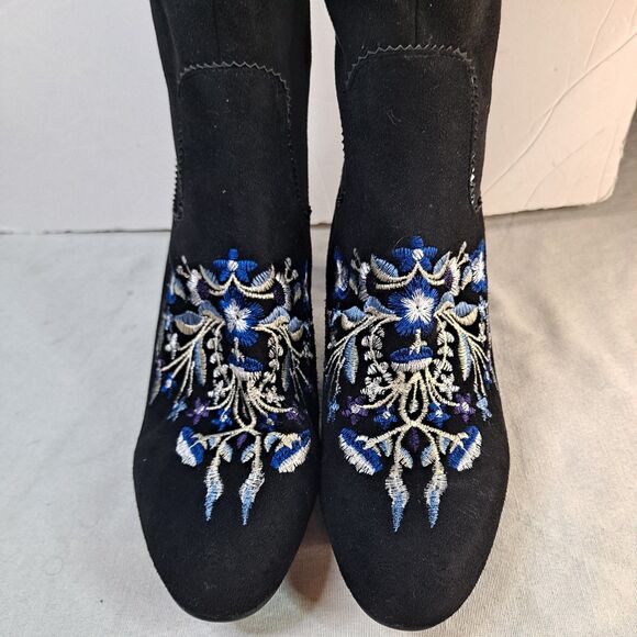 Rose Wand OTK Embroidered Boots Women's 12M Fabric Upper Black Renaissance Boho - Picture 2 of 13